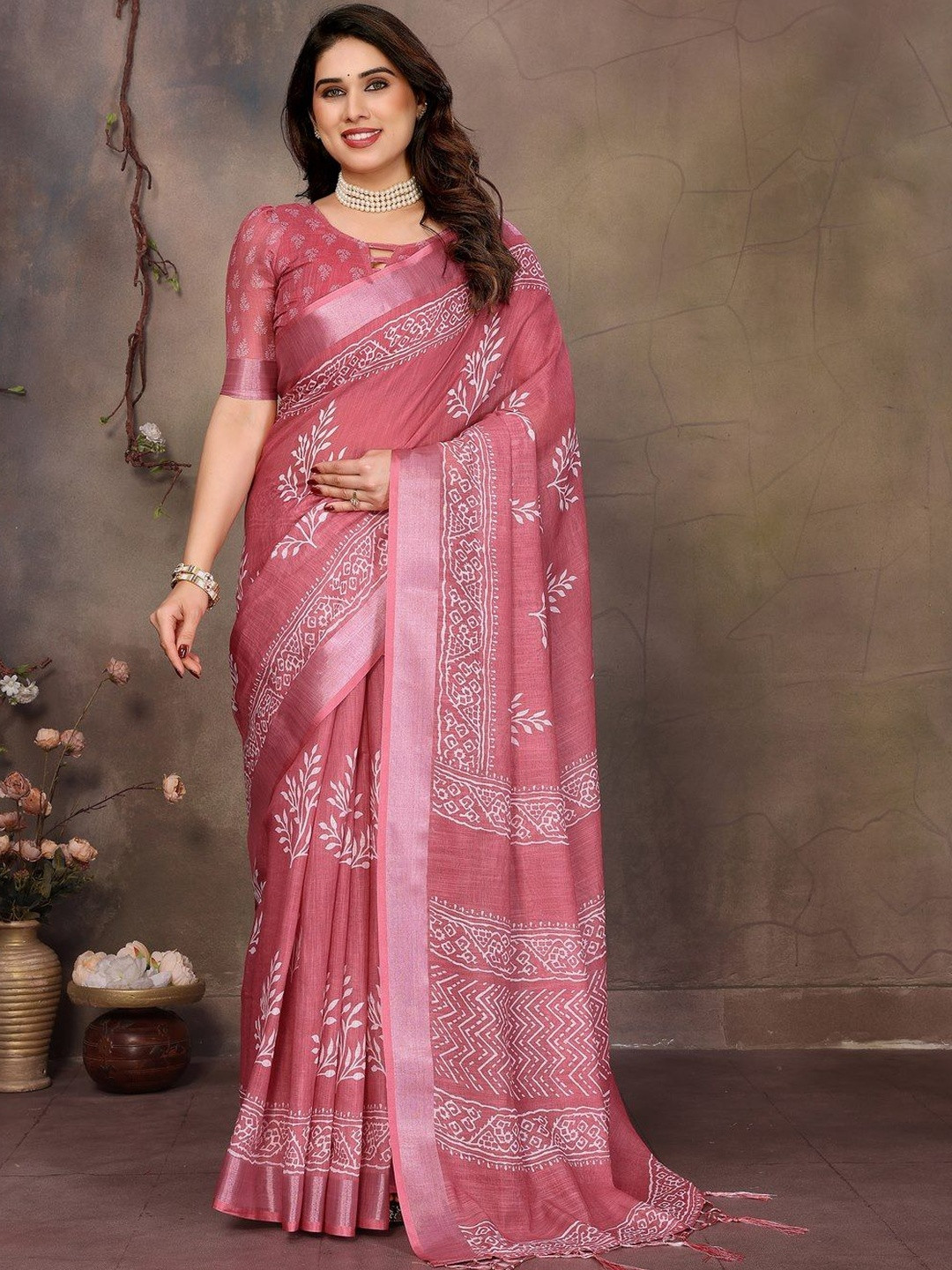 WOVENSTOCK  Zari Pure Linen Block Printed Saree