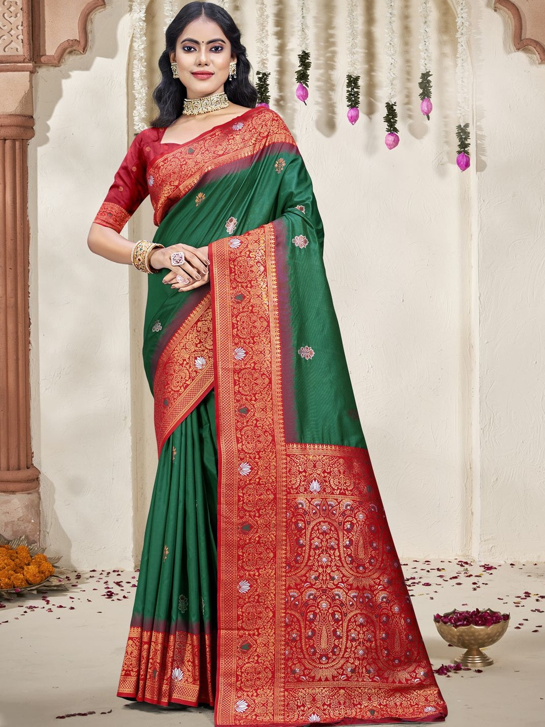 DEVATITHI Bottle Green Ethnic Motifs Zari Silk Saree