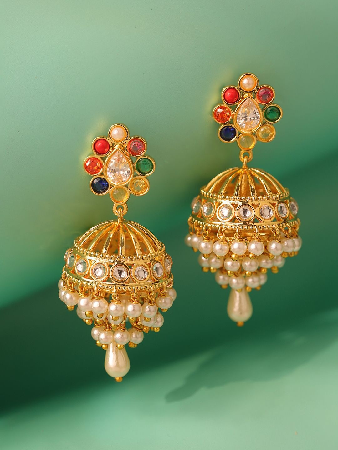 Voylla Navratna Astha Gold-Plated Kundan Studded & Artificial Beaded Dome Jhumkas Earrings