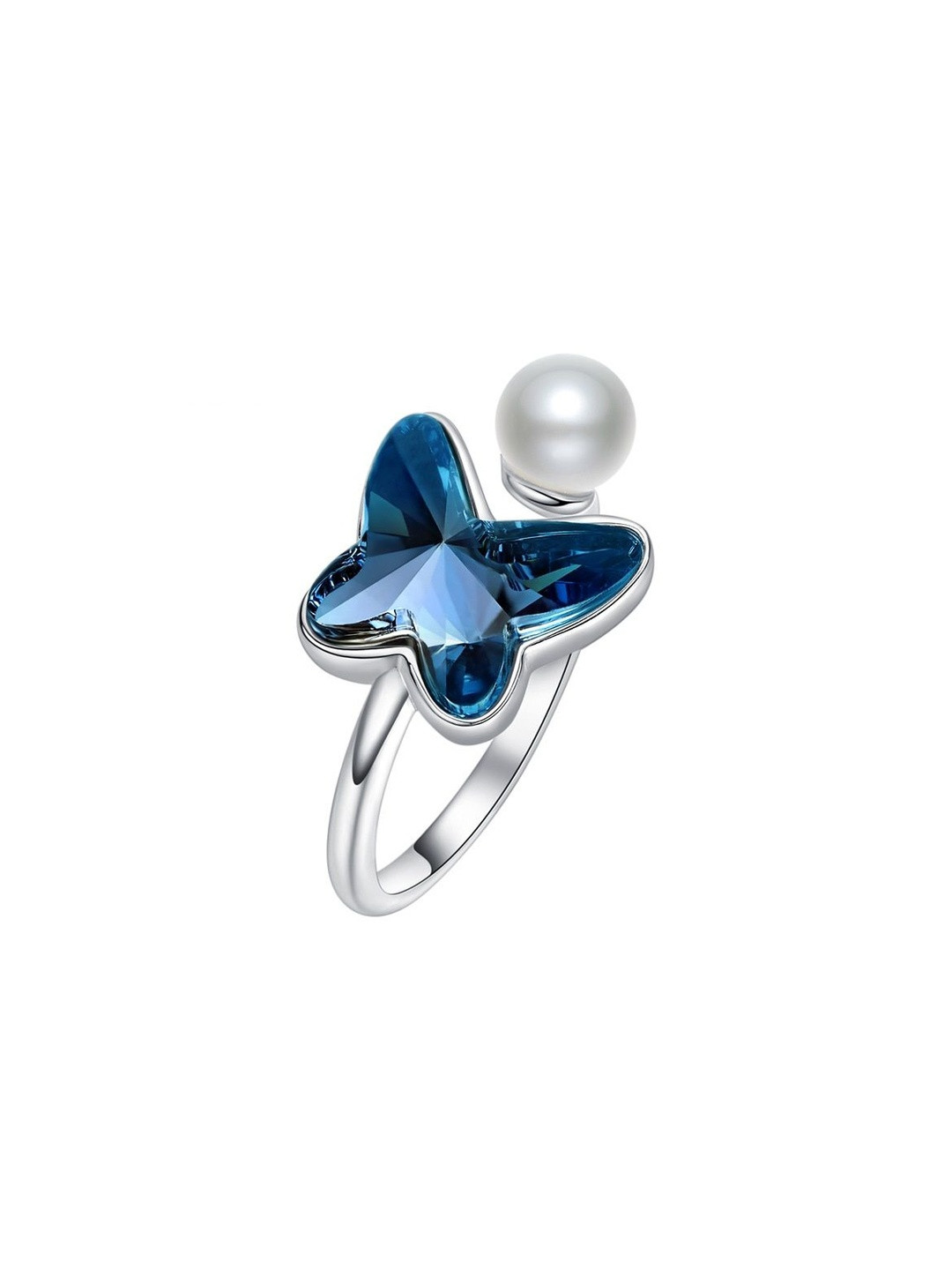 MYSTICFLAVIA Women Blue & White Rhodium-Plated Pearl Ring