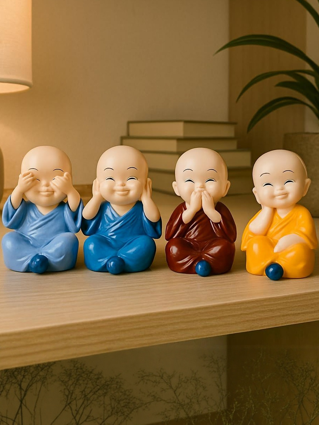 Manifested Decor Yellow And blue Matte Living Room 4 Pieces Buddha Idol Showpiece 8 Inch