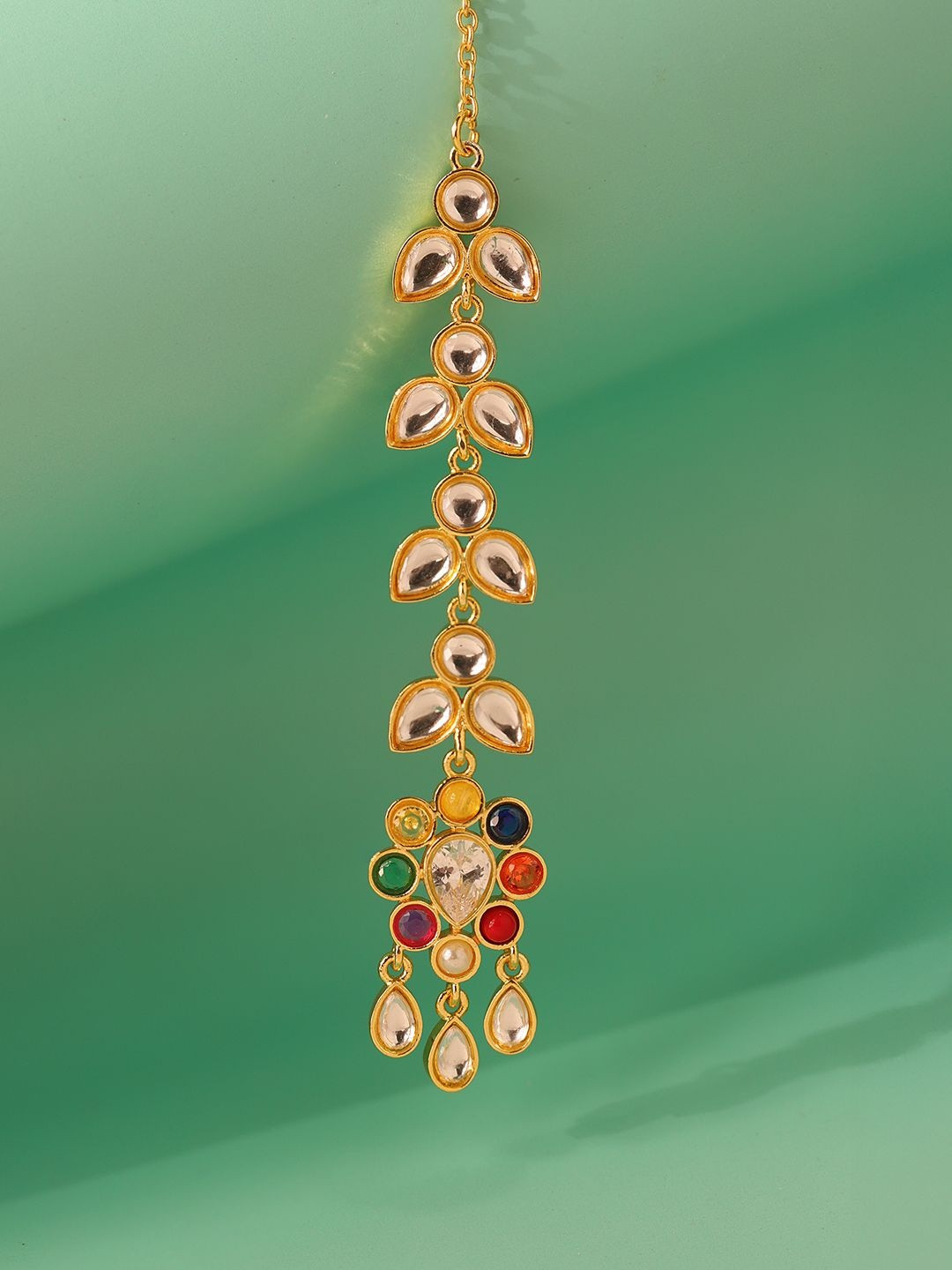 Voylla Gold-Plated Kundan Studded & Pearls Beaded Navratna Aurora Drops Maang Tikka