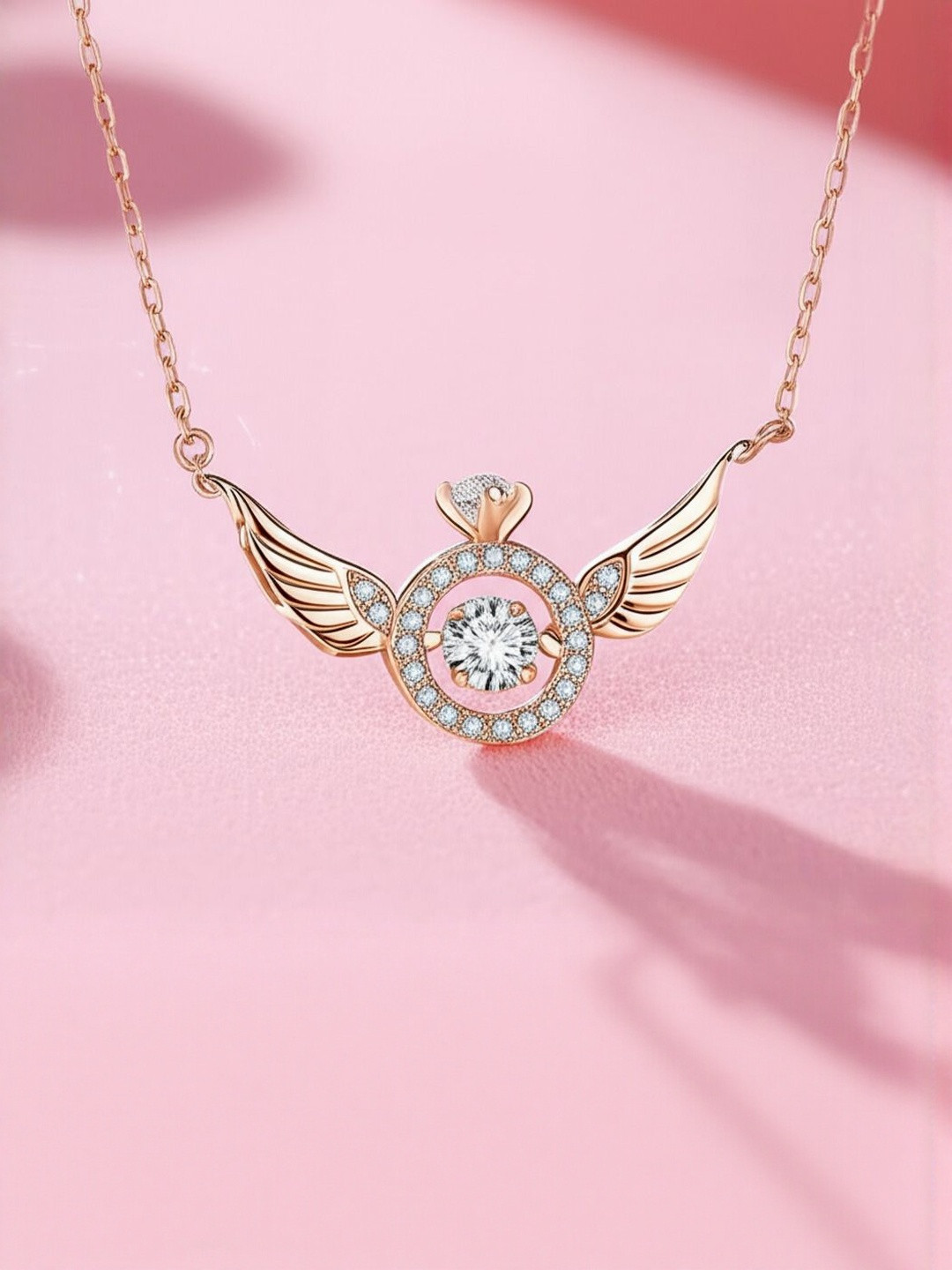 DressBerry Rose Gold-Plated Crystal Studded Angel Wings Minimal Necklace