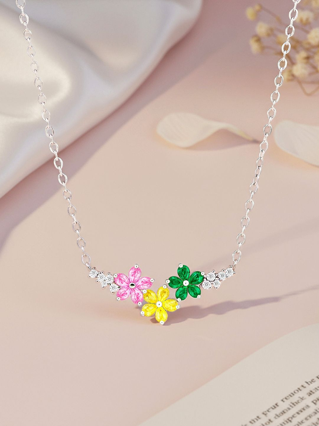 Zavya 92.5 Sterling Silver Rhodium-Plated Rainbow Garden Cubic Zirconia Studded Necklace