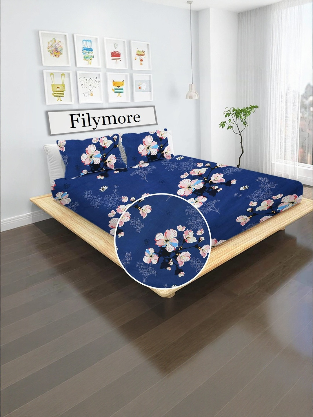 Filymore Blue Floral 300 TC King Bedsheet with 2 Pillow Covers