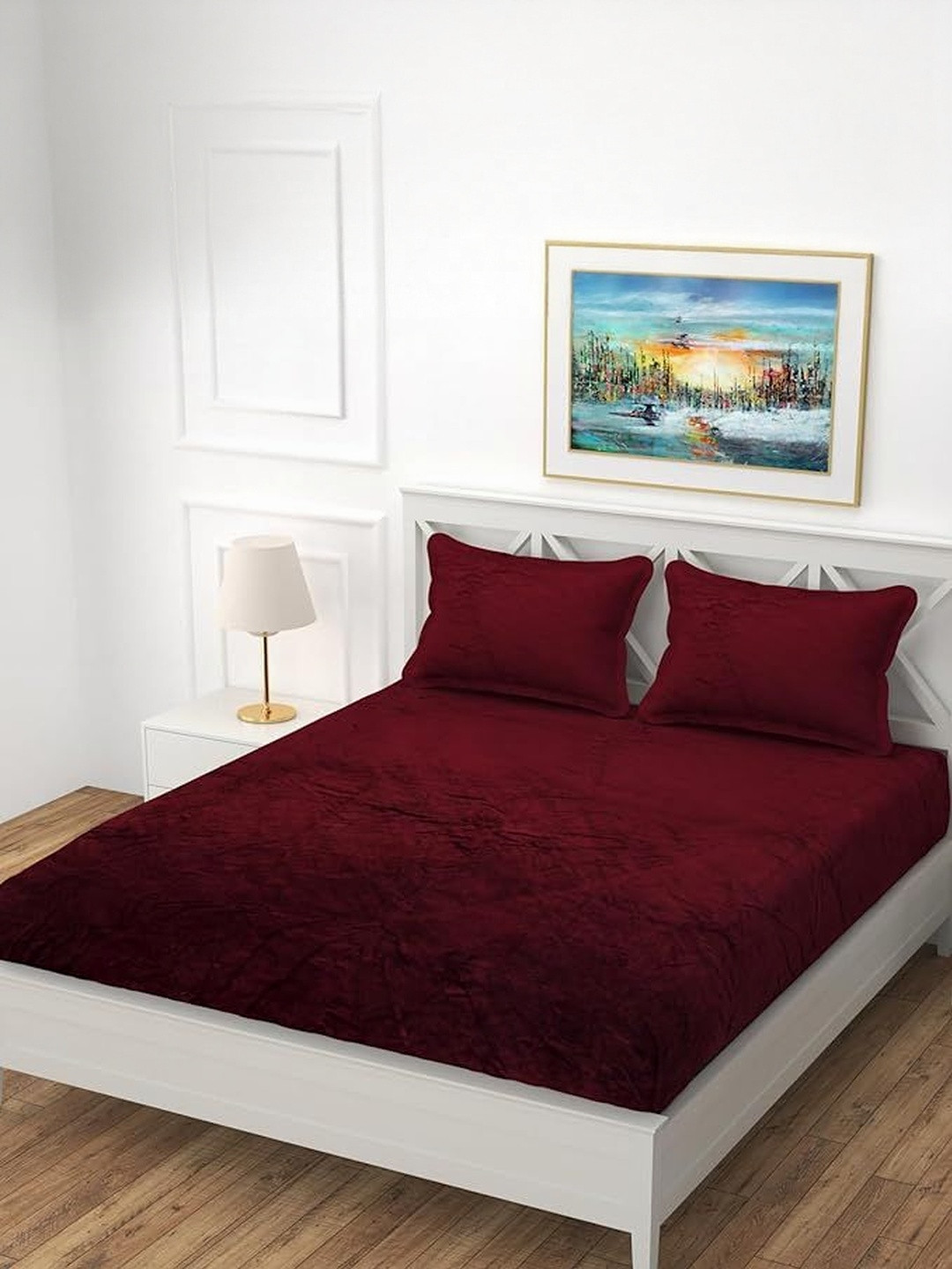 SHOMES Maroon & Red 220 TC King Bedsheet with 2 Pillow Covers