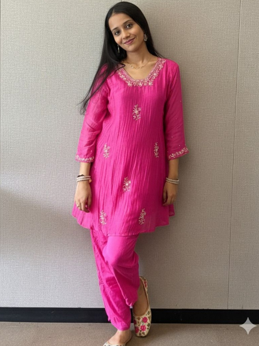 STYLESANG Women Ethnic Motifs Embroidered Regular Sequinned Chanderi Cotton Kurti with Trousers