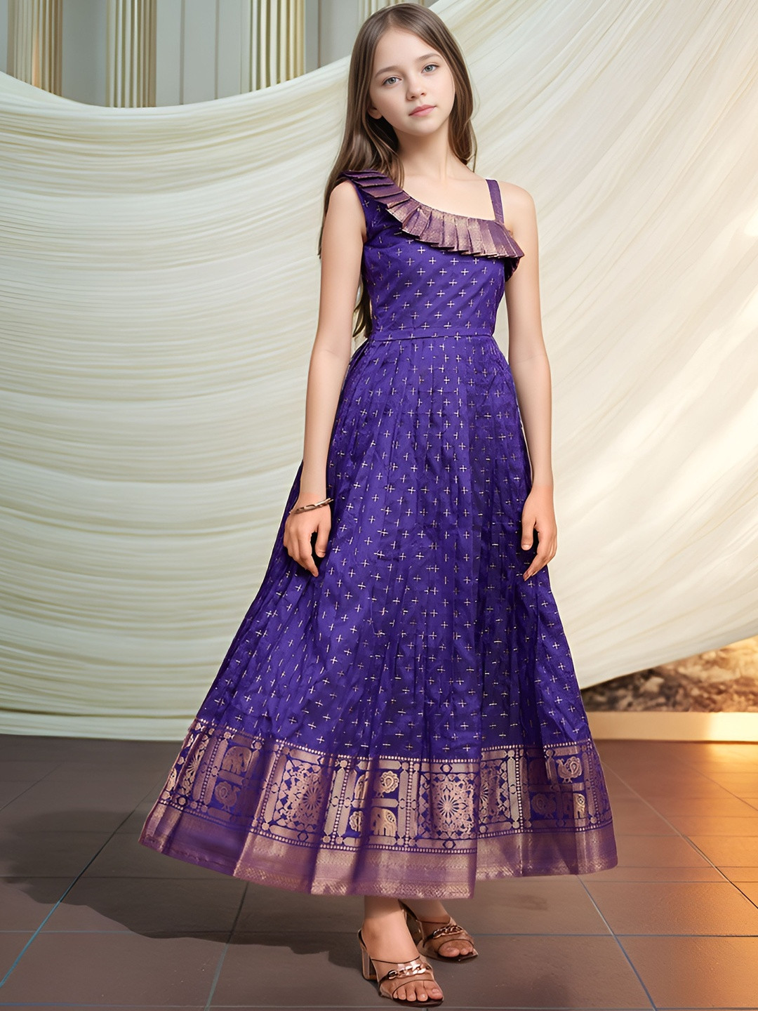 KALANANDI Girls Ethnic Motifs One Shoulder Fit and Flare Maxi Silk Fusion Ethnic Dress