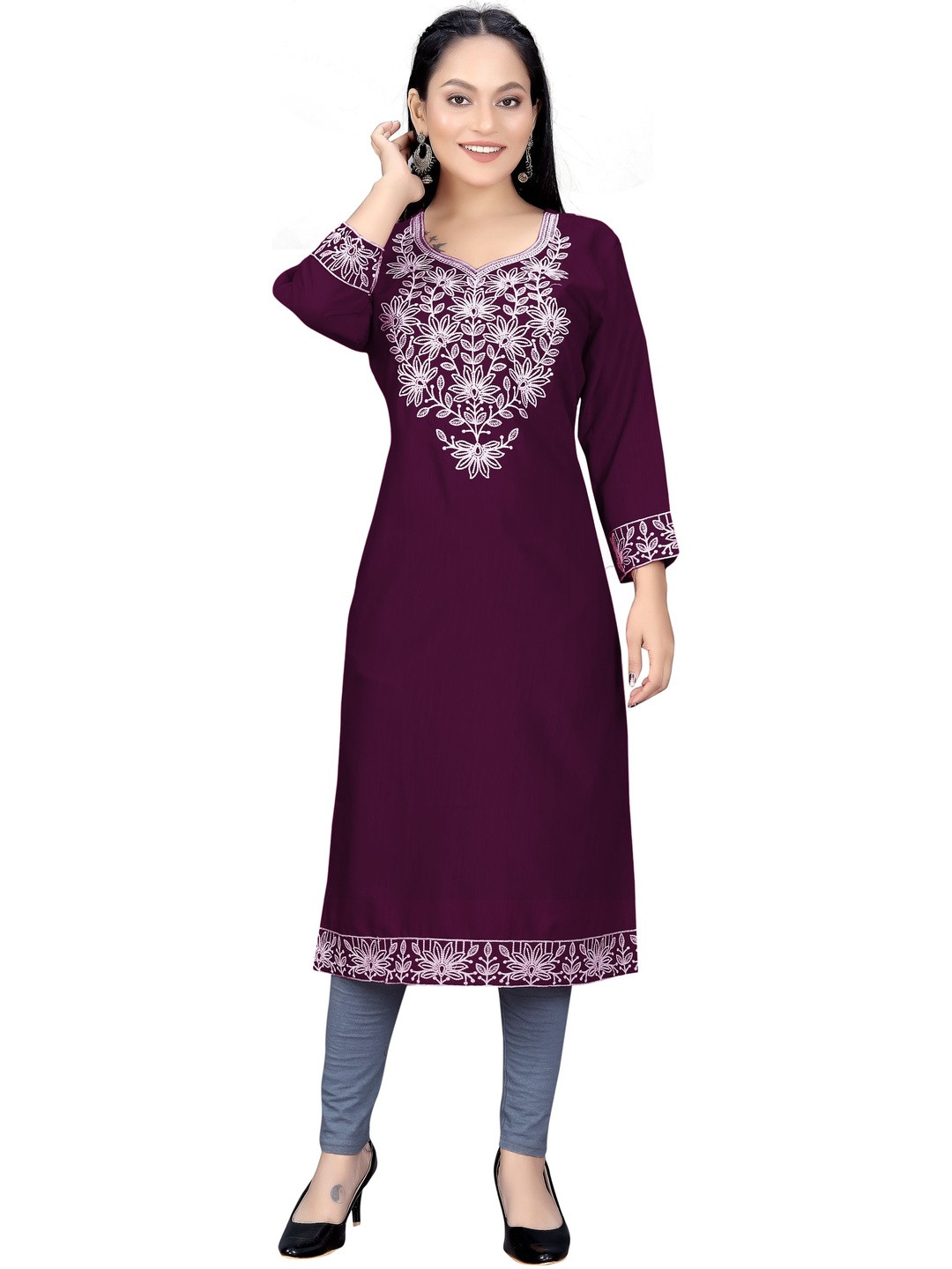 PU FASHION Chikankari Embroidered Long Kurta