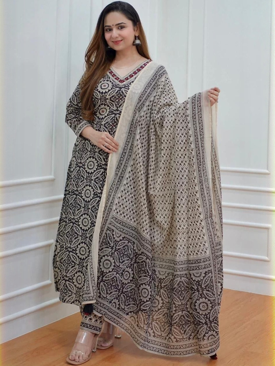 BAIRAJ Floral Printed V-Neck Anarkali Kurta With Trousers & Dupatta