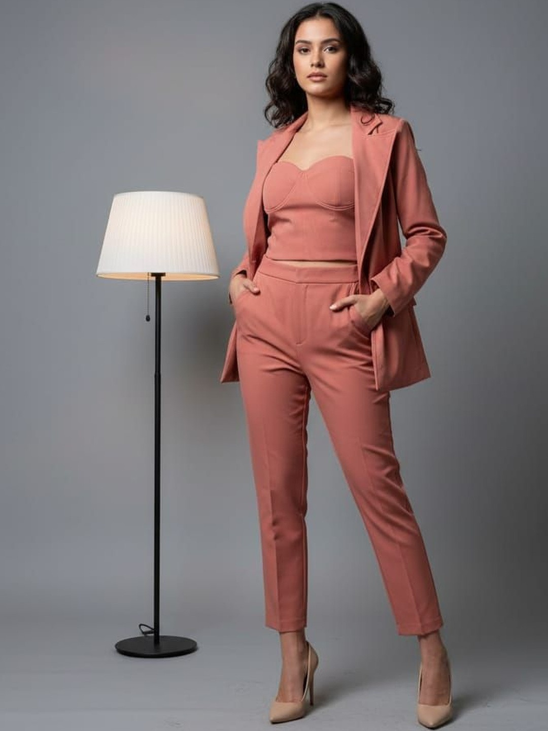 HIGH BUY Halter Neck Top With Trousers & Jacket