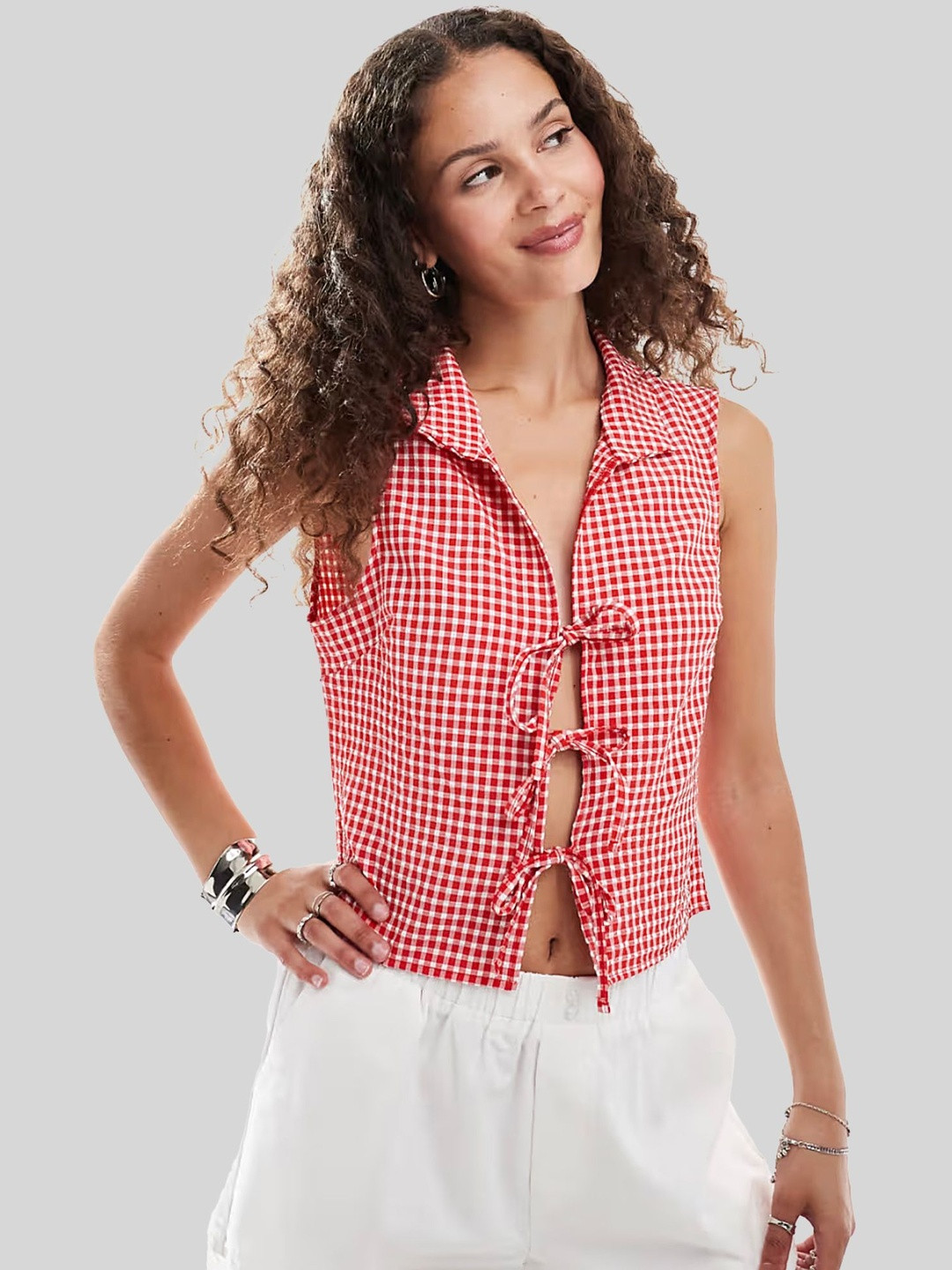 LULU & SKY Checked Tie-front Sleeveless Crop Top