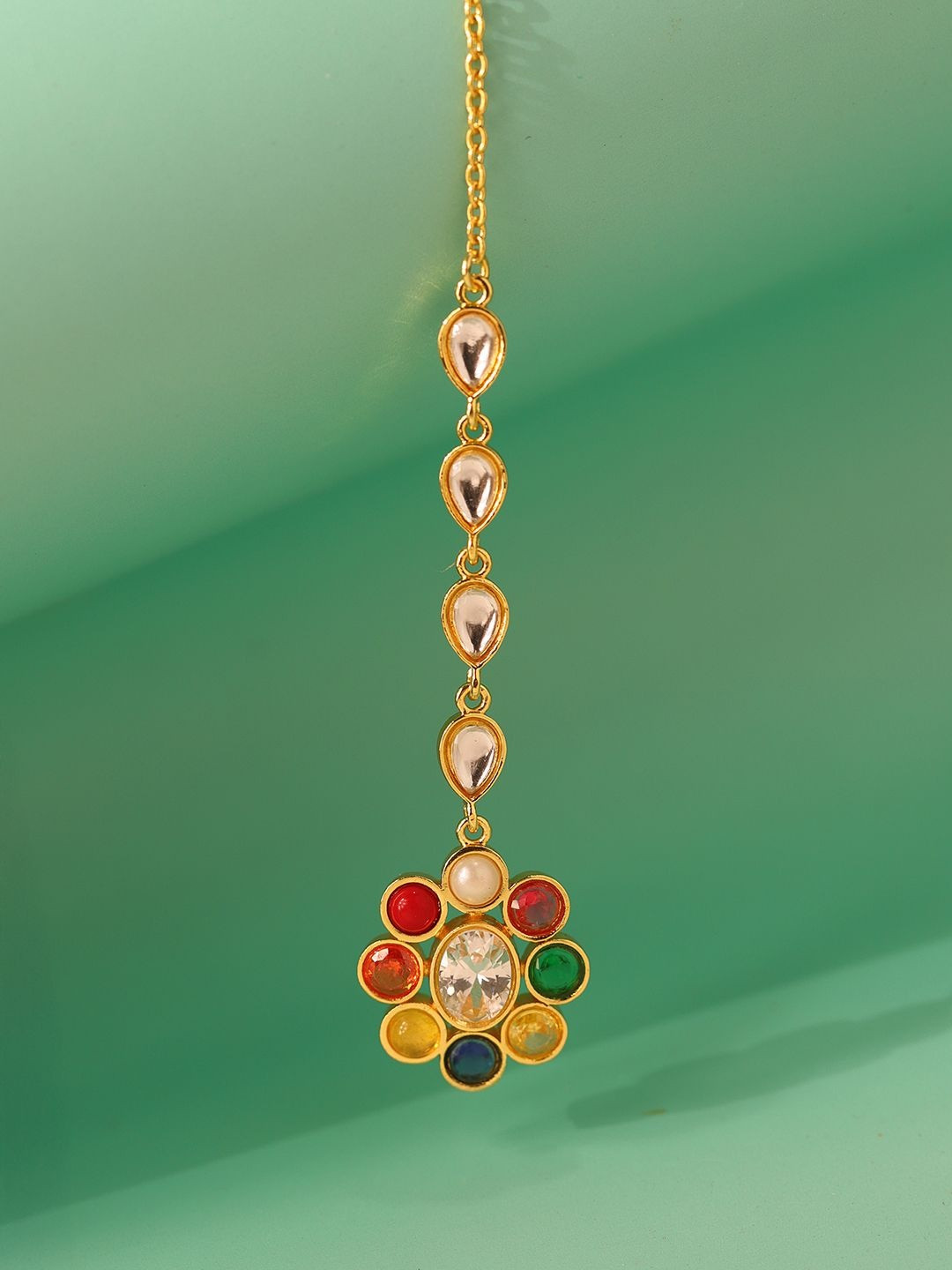 Voylla Gold-Plated Navratna Galaxy Of Gems Kundan Studded & Pearls Beaded Maang Tikka