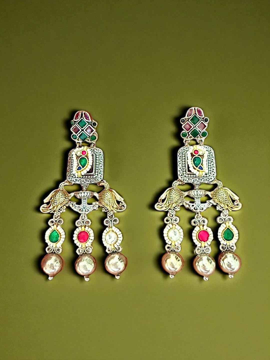 Anouk Silver Plated Kundan Studded Square Shaped Chandelier Dangler Drop Earrings