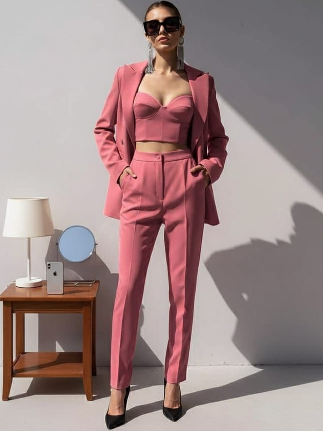 HIGH BUY Halter Neck Top With Trousers & Jacket