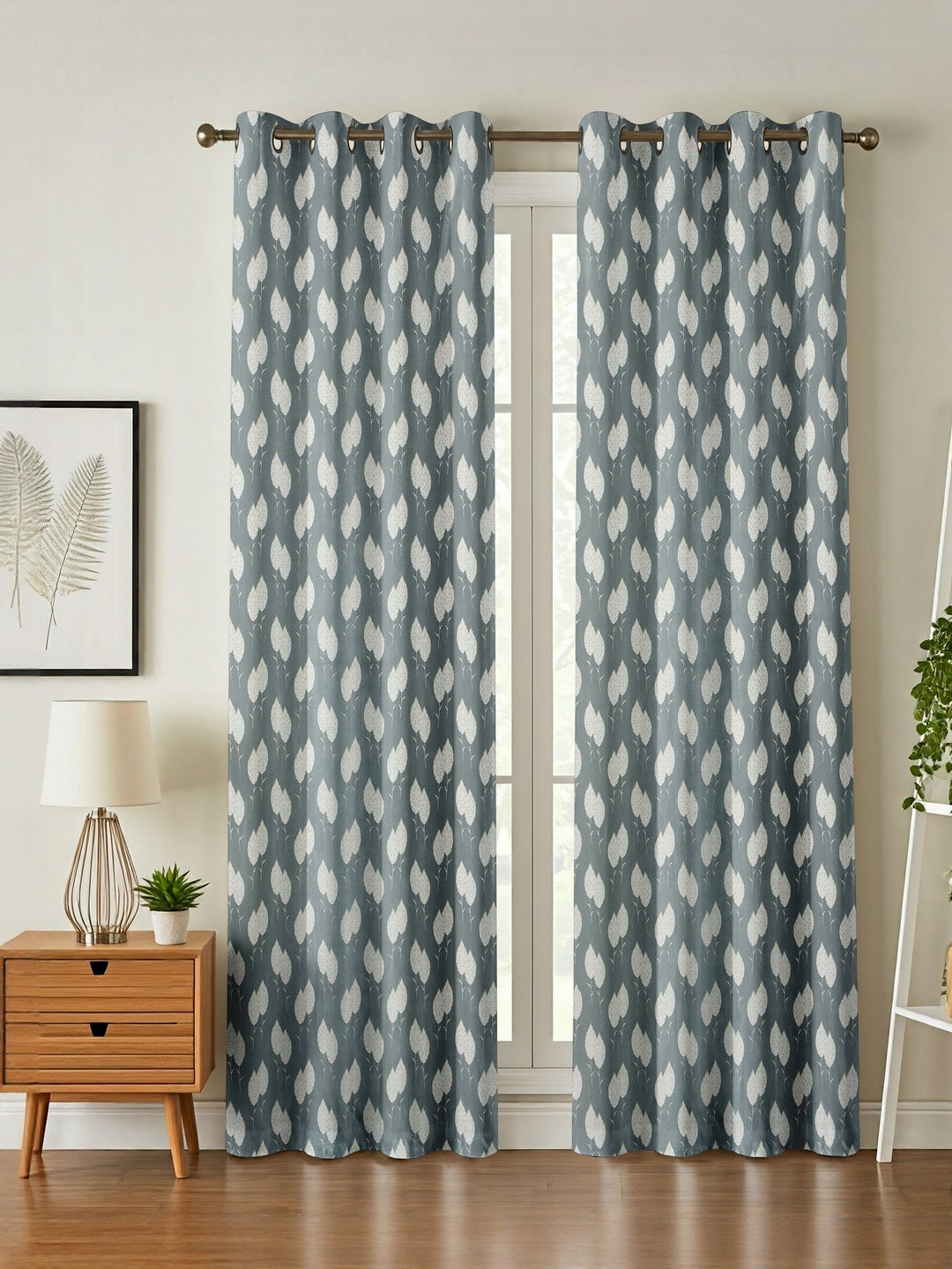 LUZDECOR White & Grey Floral Printed 2 Pieces Window Room Darkening Eyelet Curtains