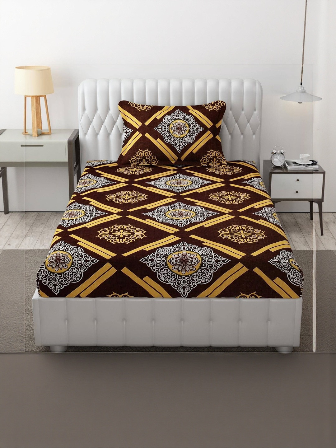 Filymore Brown Ethnic Motifs 300 TC Double Bedsheet with 1 Pillow Covers