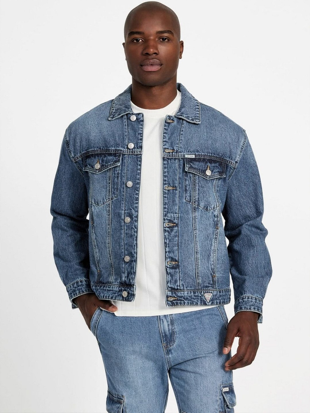GUESS Men Washed Denim Jacket with Embroidered