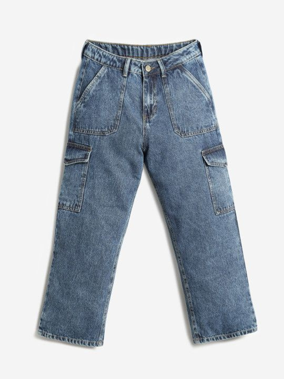 BONKIDS Girls Cotton Regular Fit Mid-Rise Light Fade Cargo Jeans