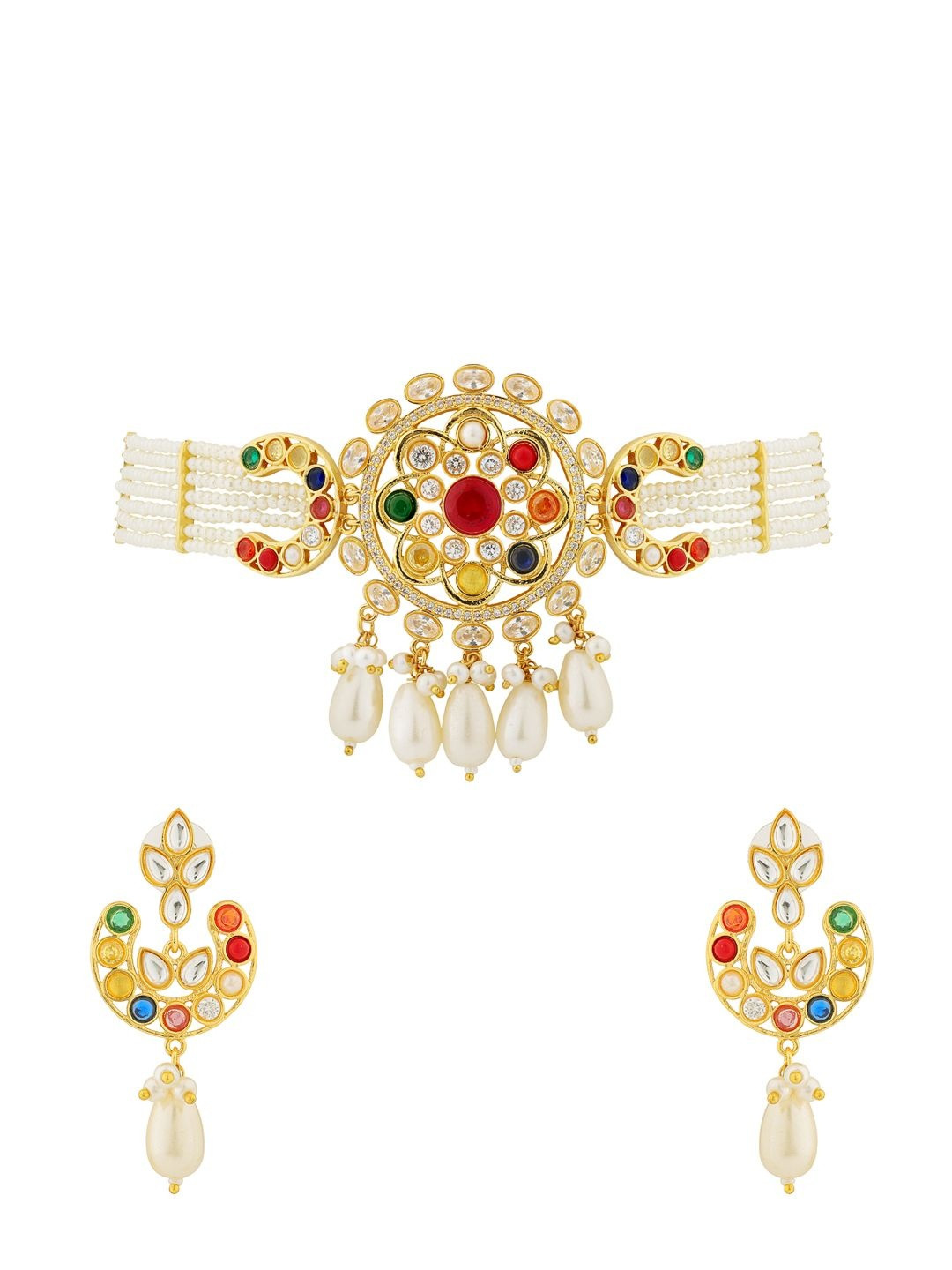 Voylla Gold-Plated Kundan-Studded & Pearls Beaded Starlit Bloom Drop Choker Jewellery Set