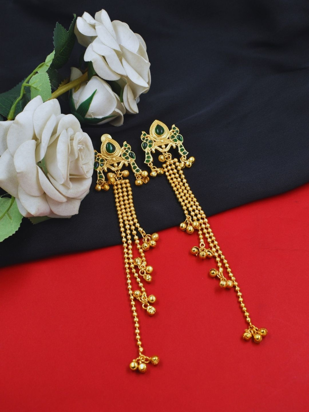 J & C Fashion Arena Gold-Plated Stones Studded &Ghungroo Beaded Contemporary Drop Earrings