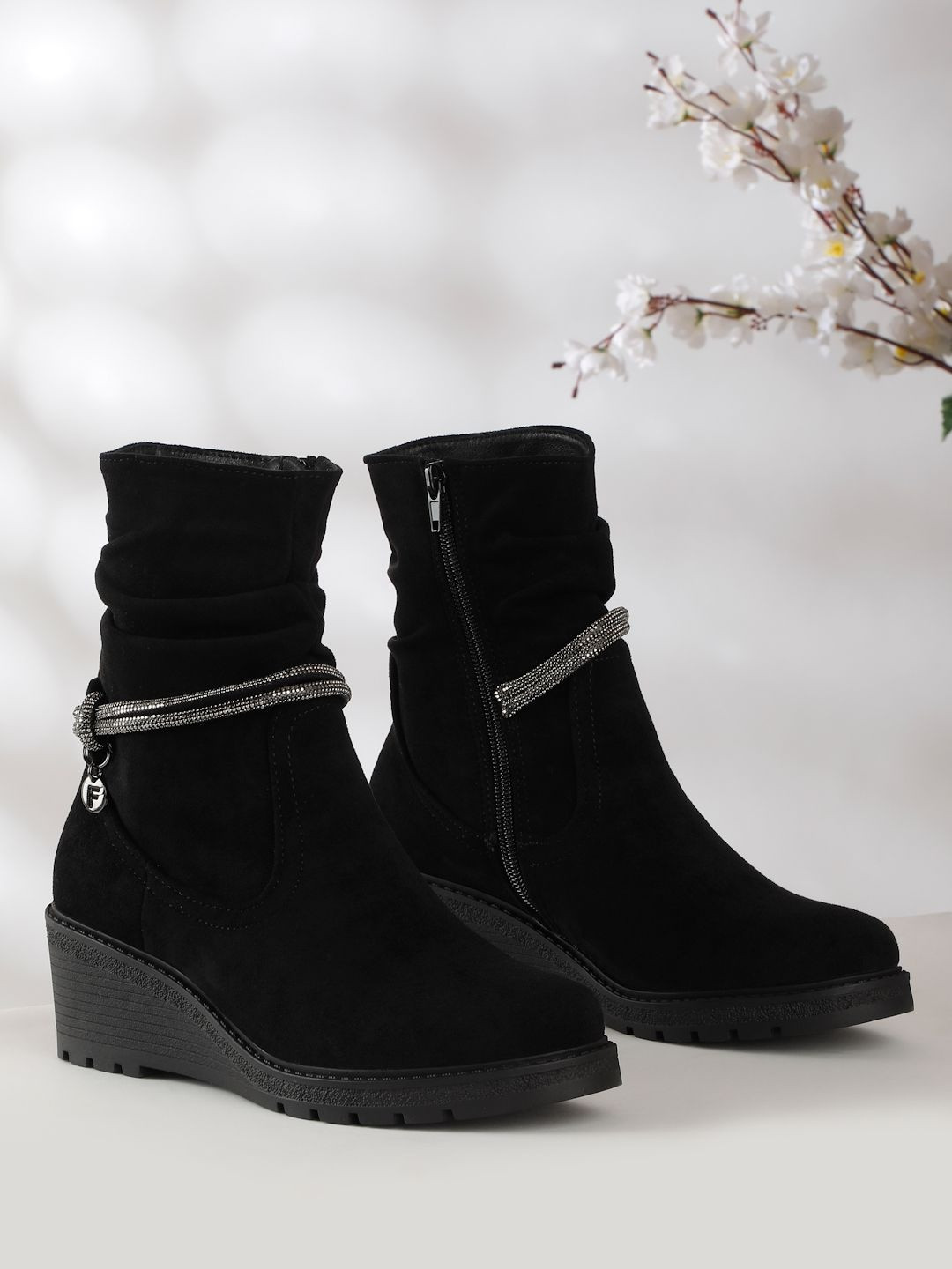 Flat n Heels Women Embellished Wedge Heeled Round Toe Mid-Top Regular Boots