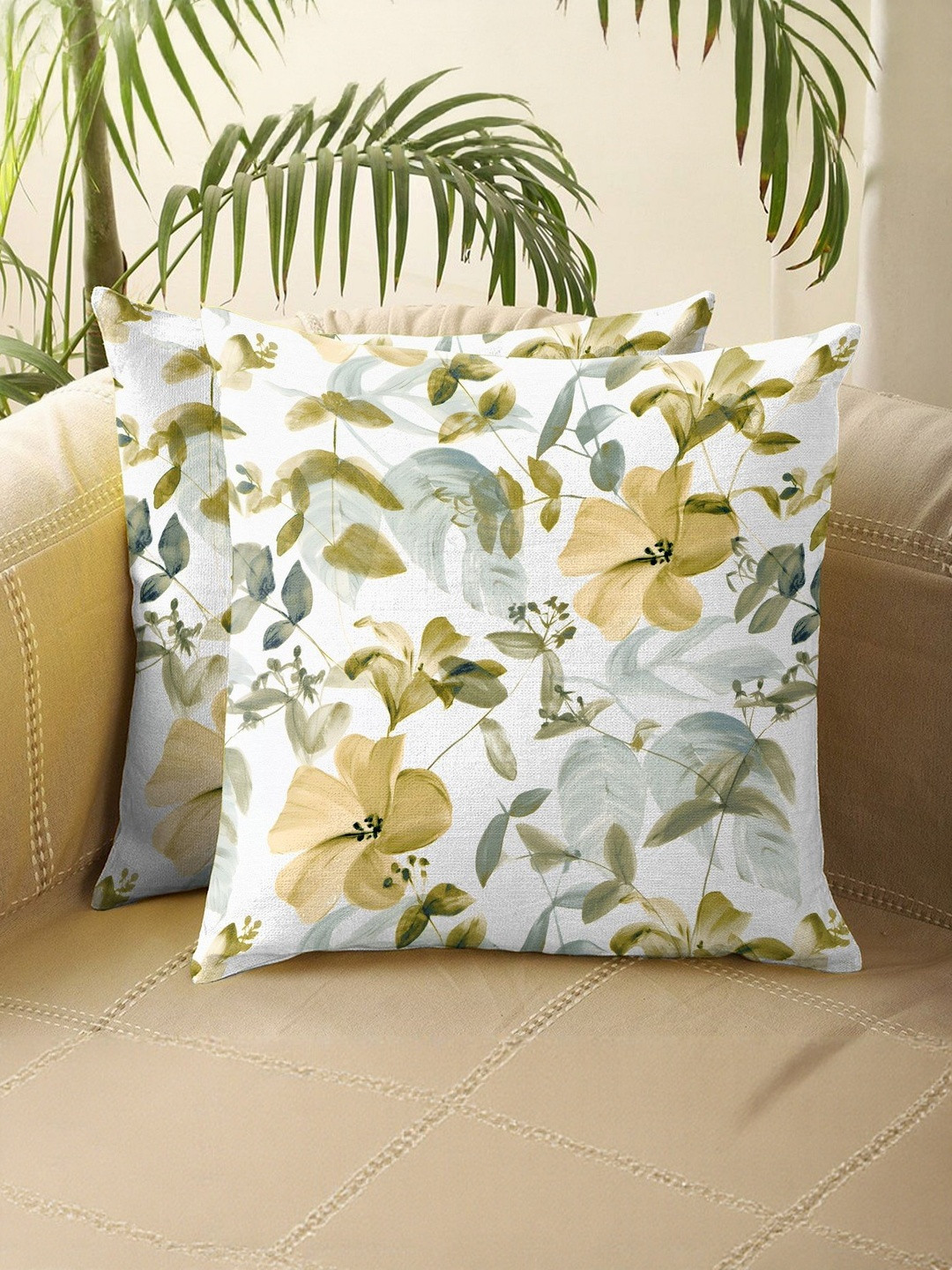 CASABLEU Lime Green And White 2 Pieces  Floral Square Cushion Covers