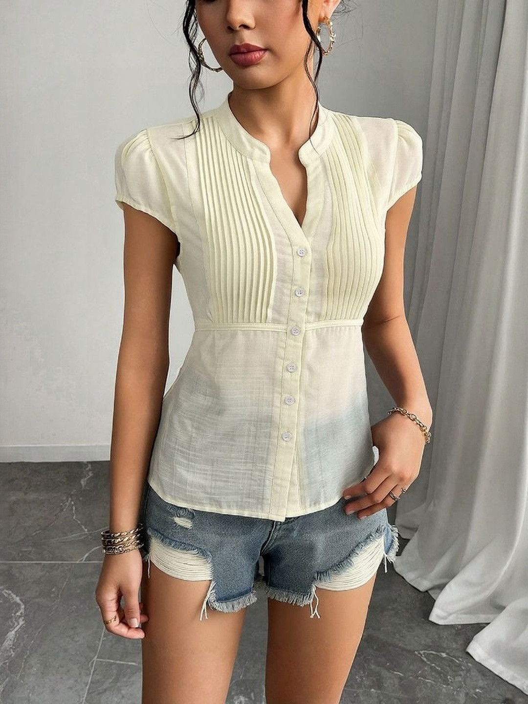 LULU & SKY Off White High Neck Puff Sleeve Top