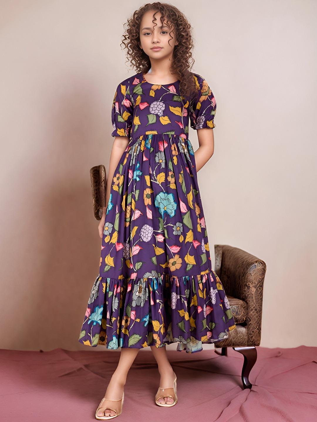 KALANANDI Girls Floral Kalamkari Printed Fit & Flared Ethnic Dresses