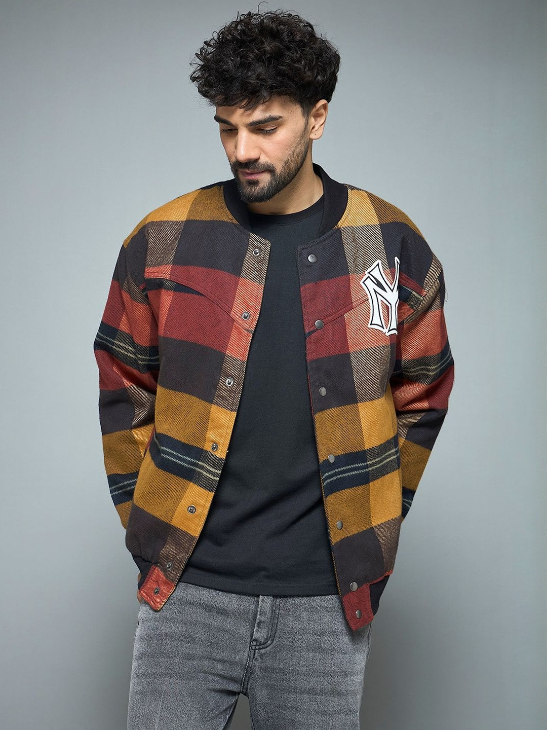 FUGAZEE Men Checked Bomber with Patchwork Jacket