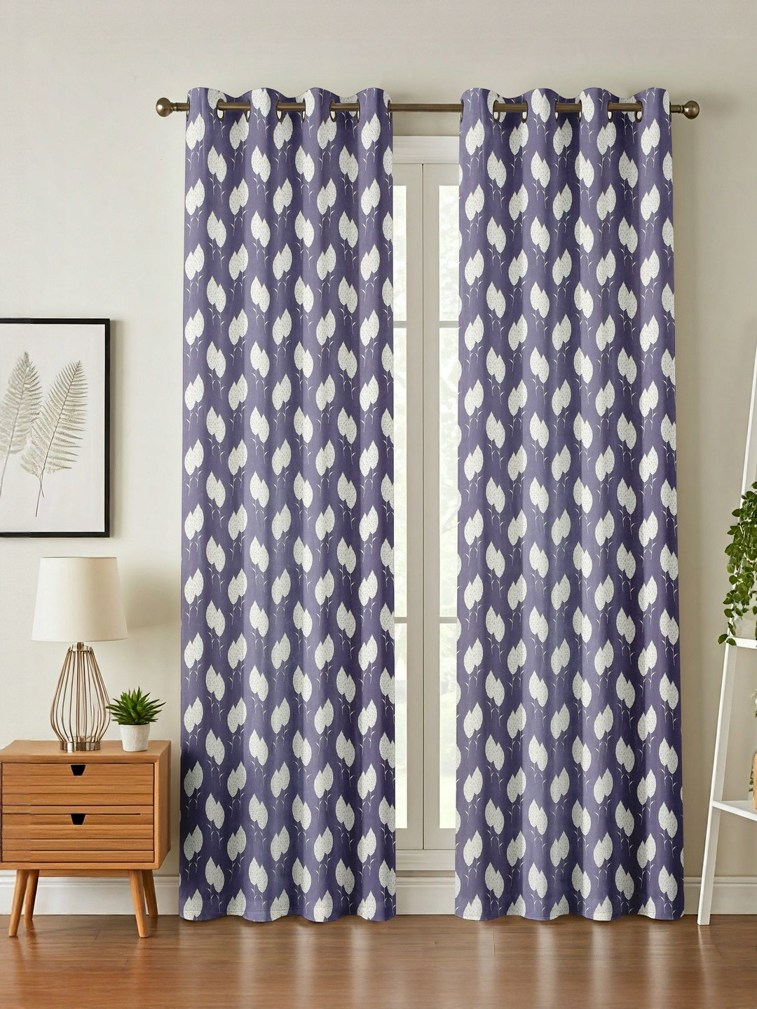 LUZDECOR Purple & White Floral Printed 2 Pieces Long Door Room Darkening Eyelet Curtains
