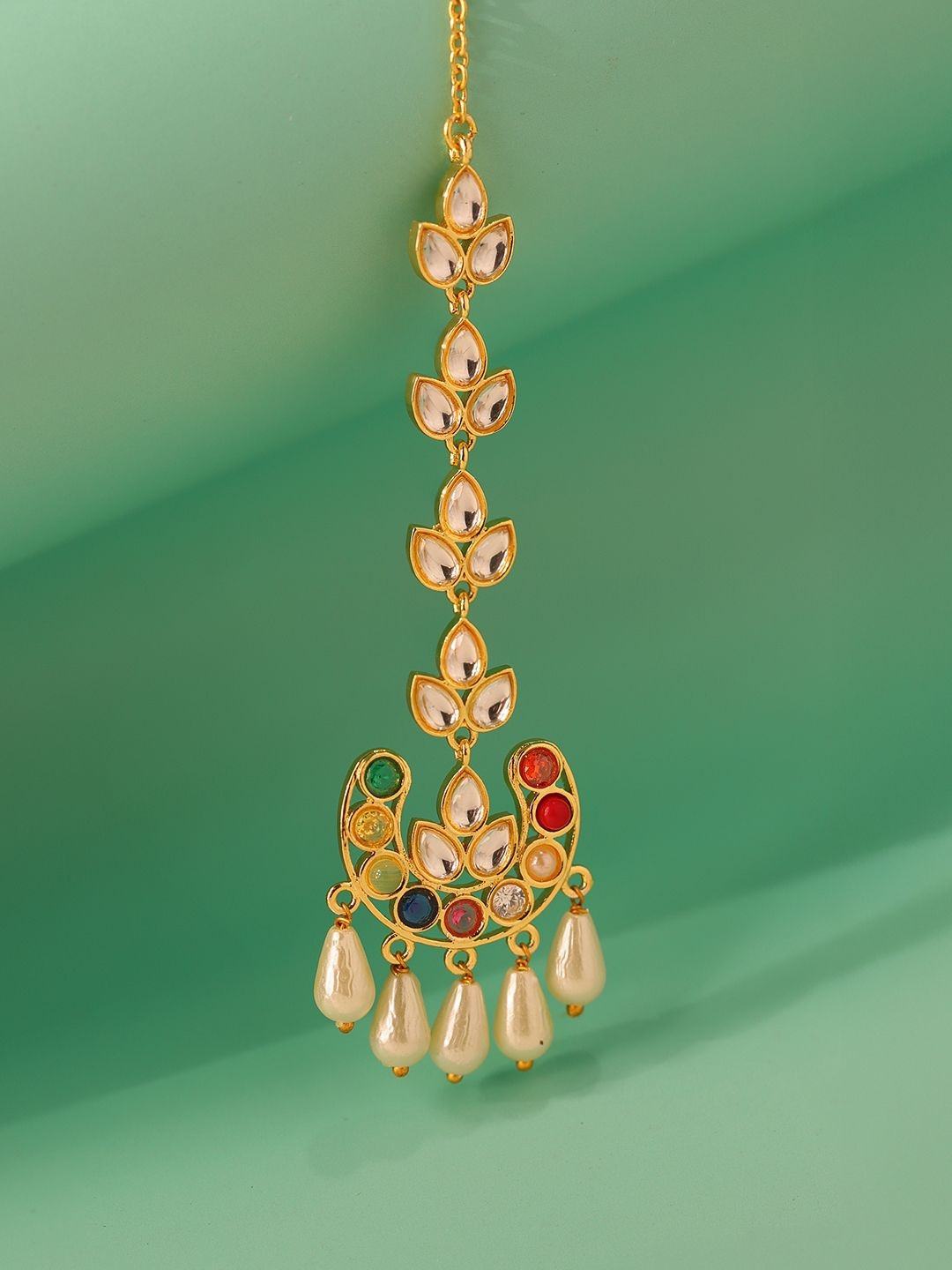 Voylla Gold-Plated Kundan Studded & Pearls Beaded Navratna Moonlight Maang Tikka