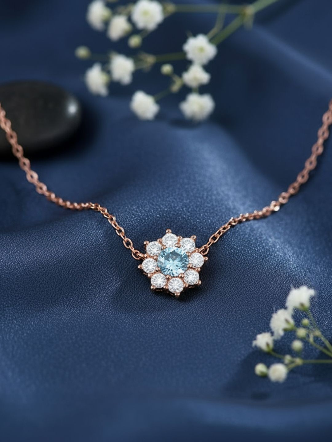 Zavya 92.5 Sterling Silver Rose Gold-Plated The Sea Flower Cubic Zirconia Studded Chain