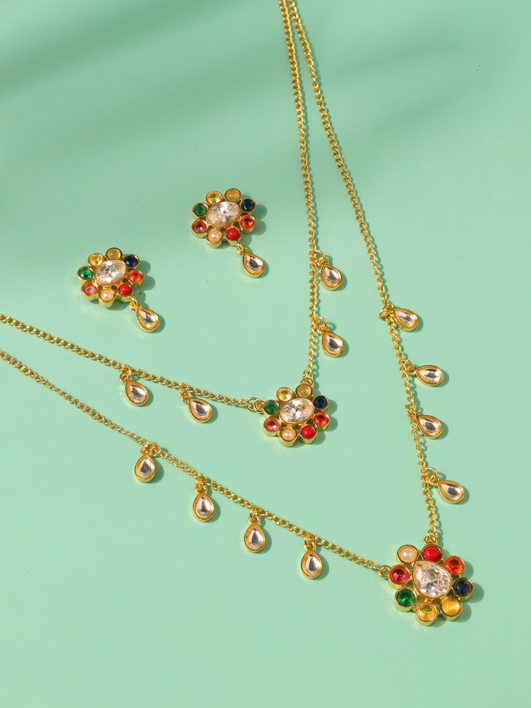 Voylla Gold-Plated Kundan Stone Studded Rainbow Royals Layered Collar Jewellery Set