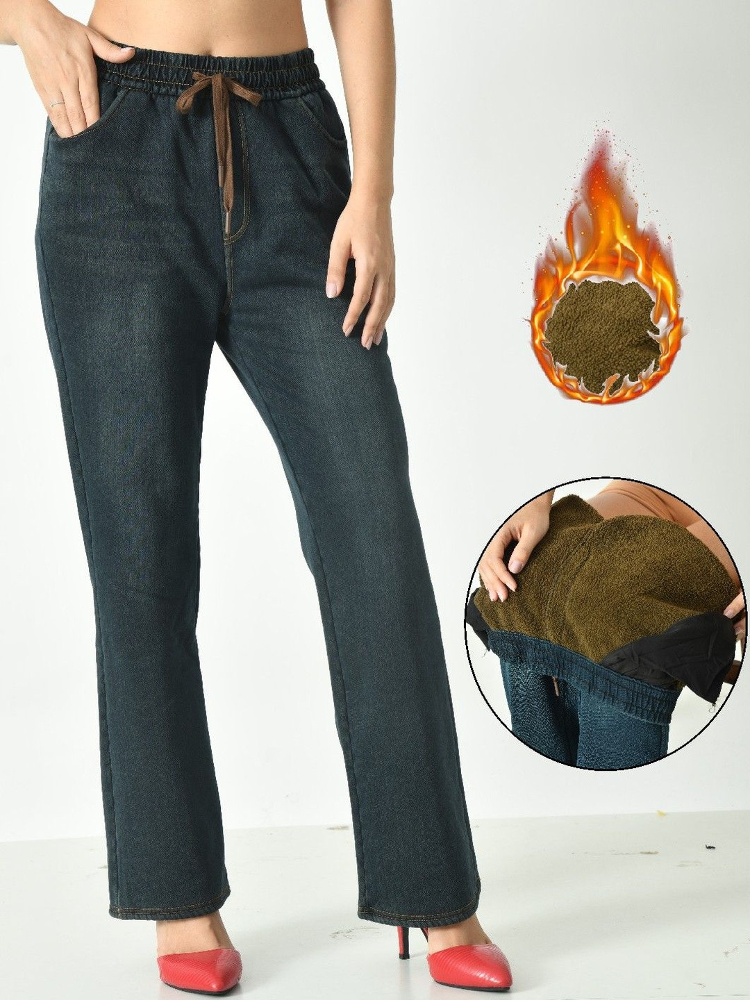 2 KOLPOL Women Slim Fit Mid-Rise Easy Wash Warm Thermal Woollen Trouser