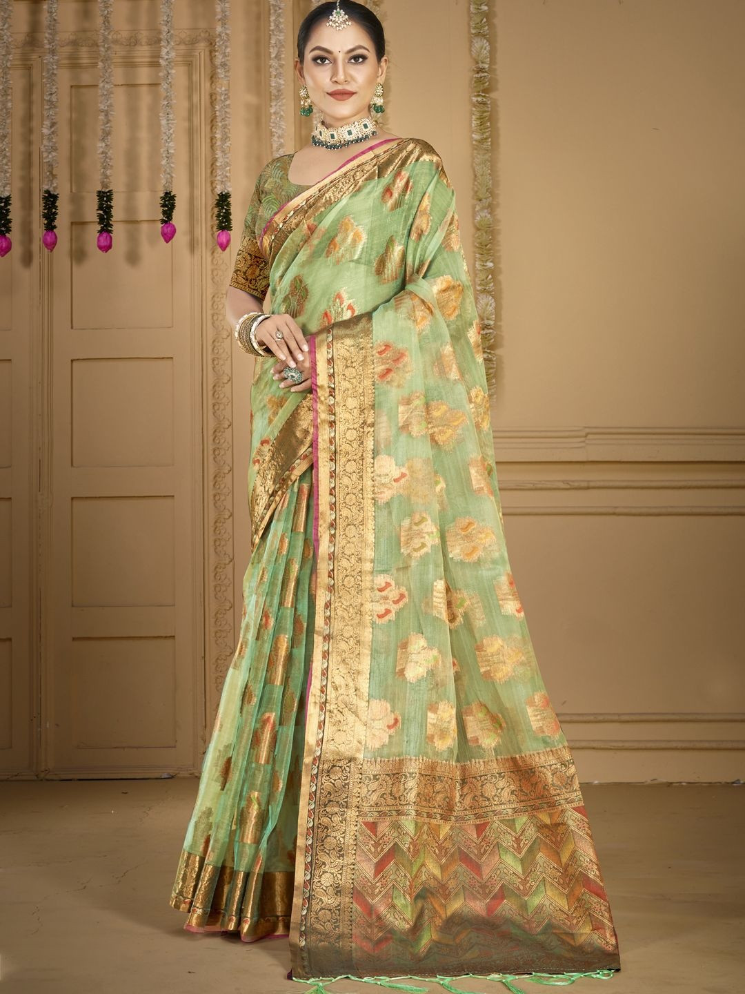 DEVATITHI Pista Green Floral Woven Design Zari Organza Saree