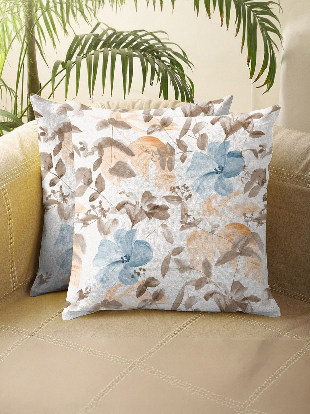 CASABLEU Blue And White 2 Pieces  Floral Square Cushion Covers