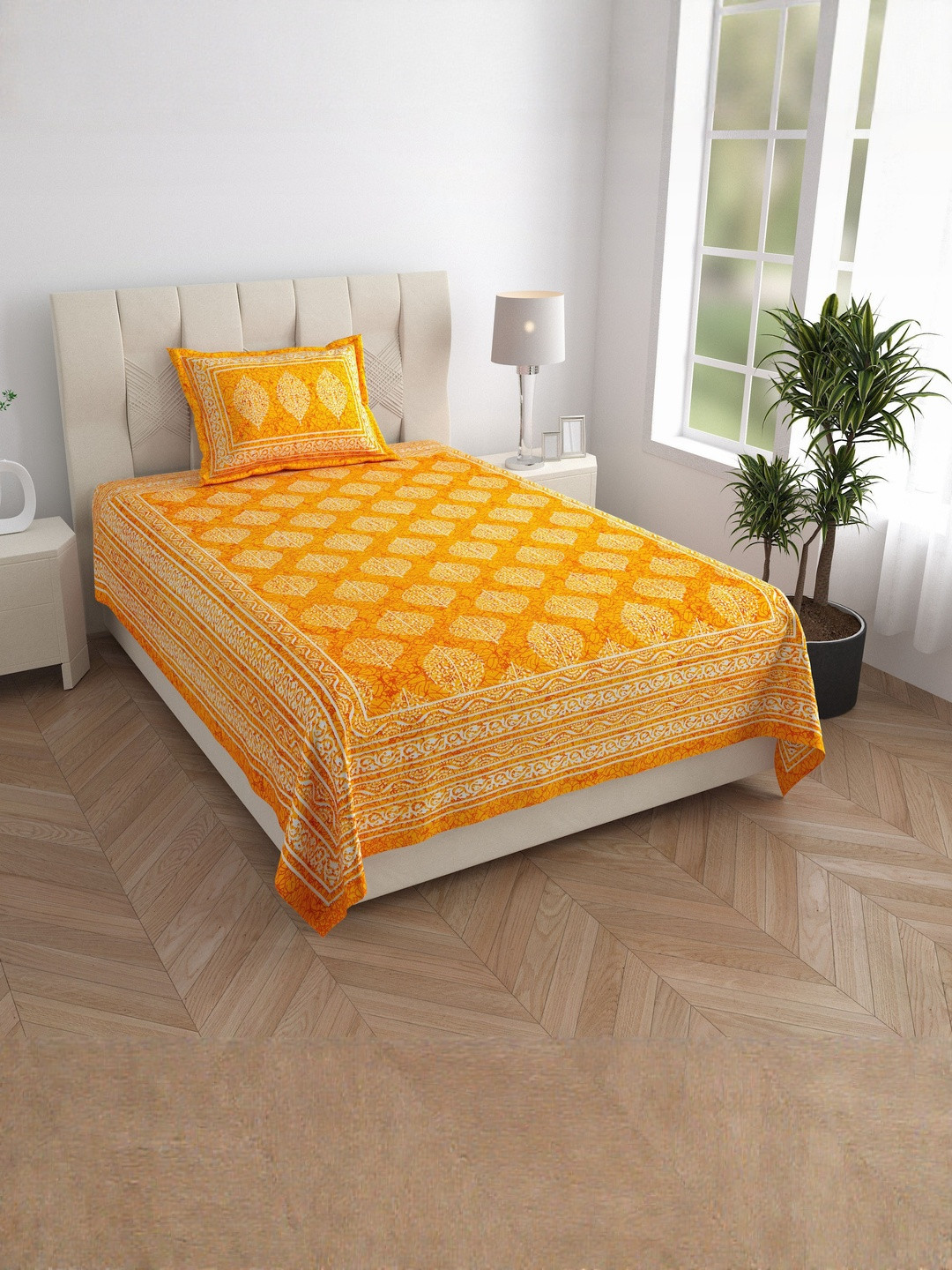 ABHACLOTHO Yellow 144 TC Single Bedsheet with 1 Pillow Covers
