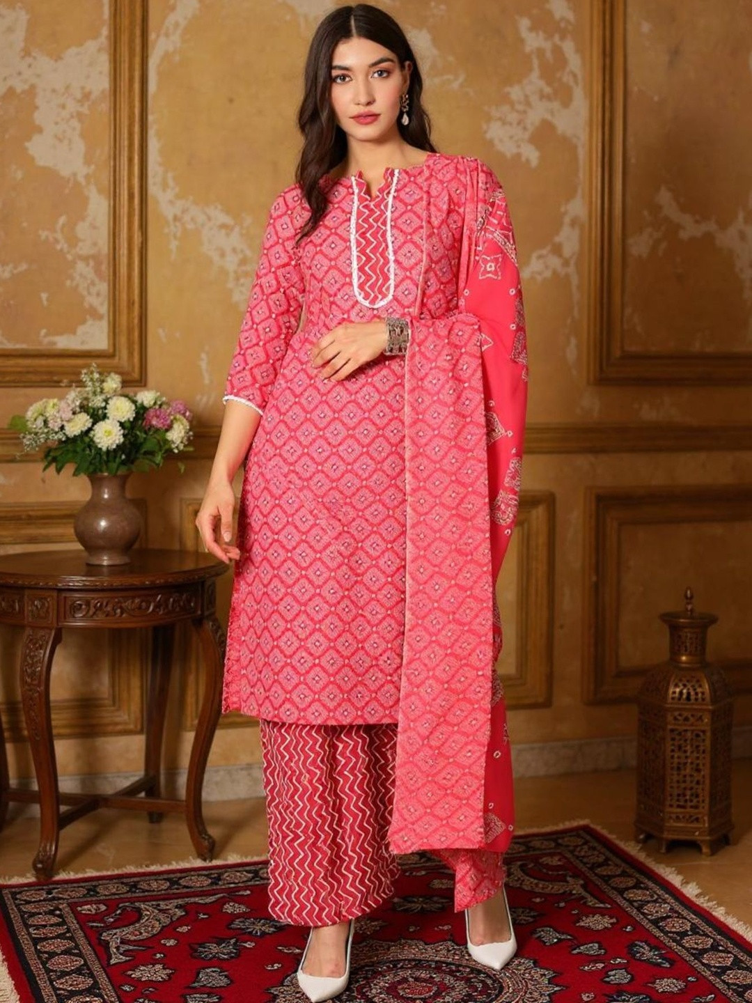 Istyle Can Women Ethnic Motifs Printed Regular Thread Work Kurta with Palazzos & With Dupatta