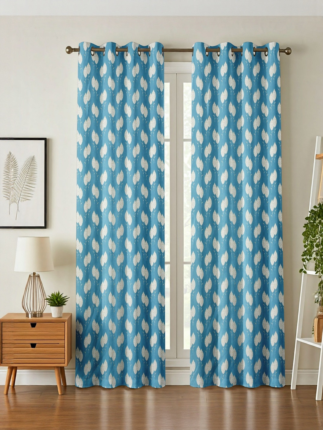 LUZDECOR White & Blue Floral Printed 2 Pieces Window Room Darkening Eyelet Curtains