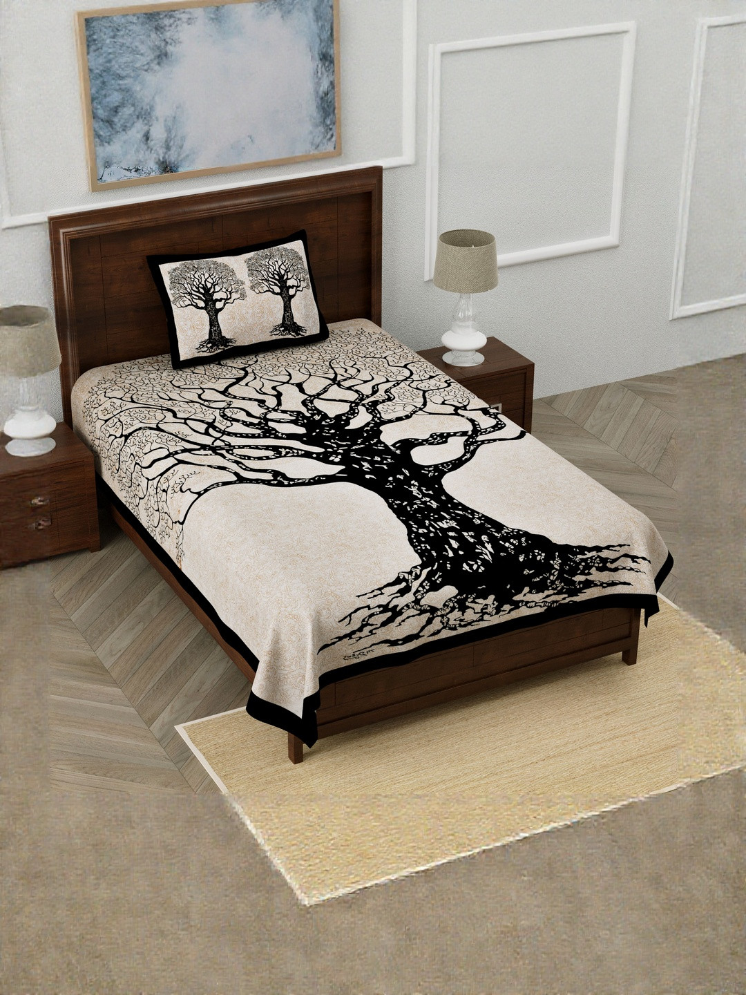 ABHACLOTHO Cream-Coloured Graphic 144 TC King Bedsheet with 2 Pillow Covers