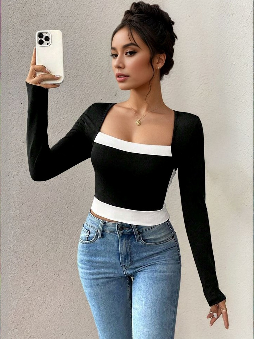 LULU & SKY Black Colourblocked Crop Top with Square Neck