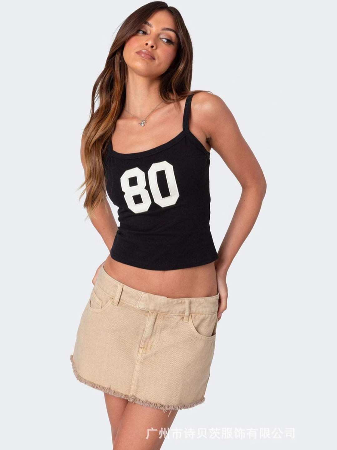 LULU & SKY Women Black Numeric Strap Tank Top