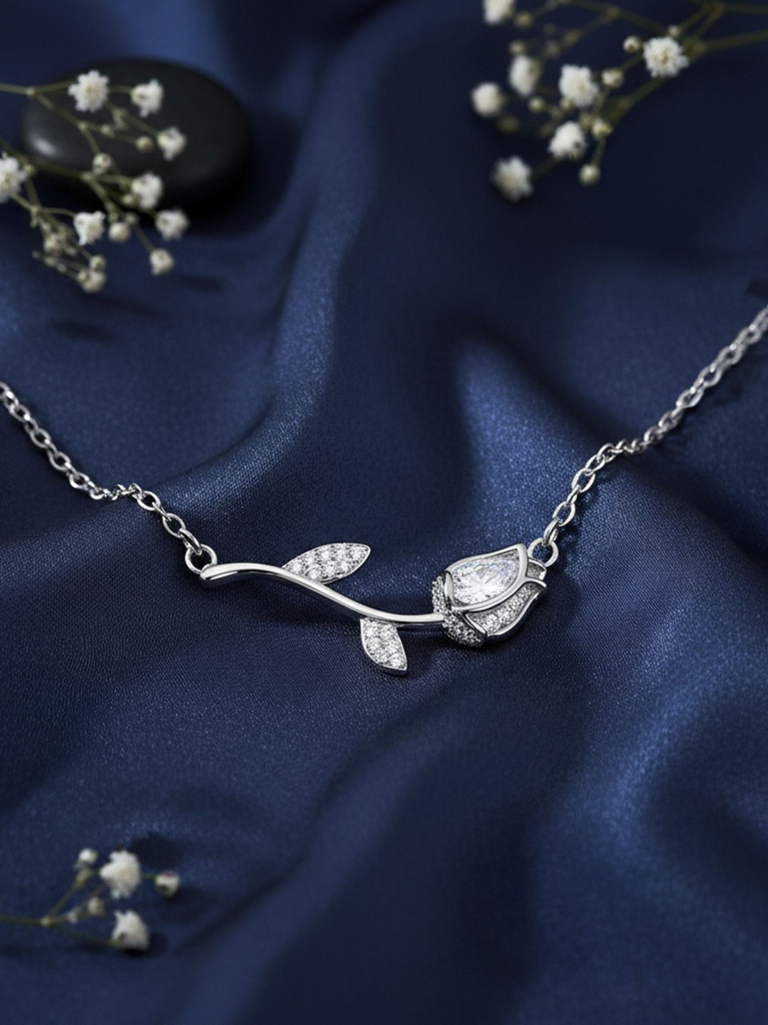 Zavya 92.5 Sterling Silver Rhodium-Plated Where Love Blossoms Cubic Zirconia Studded Chain