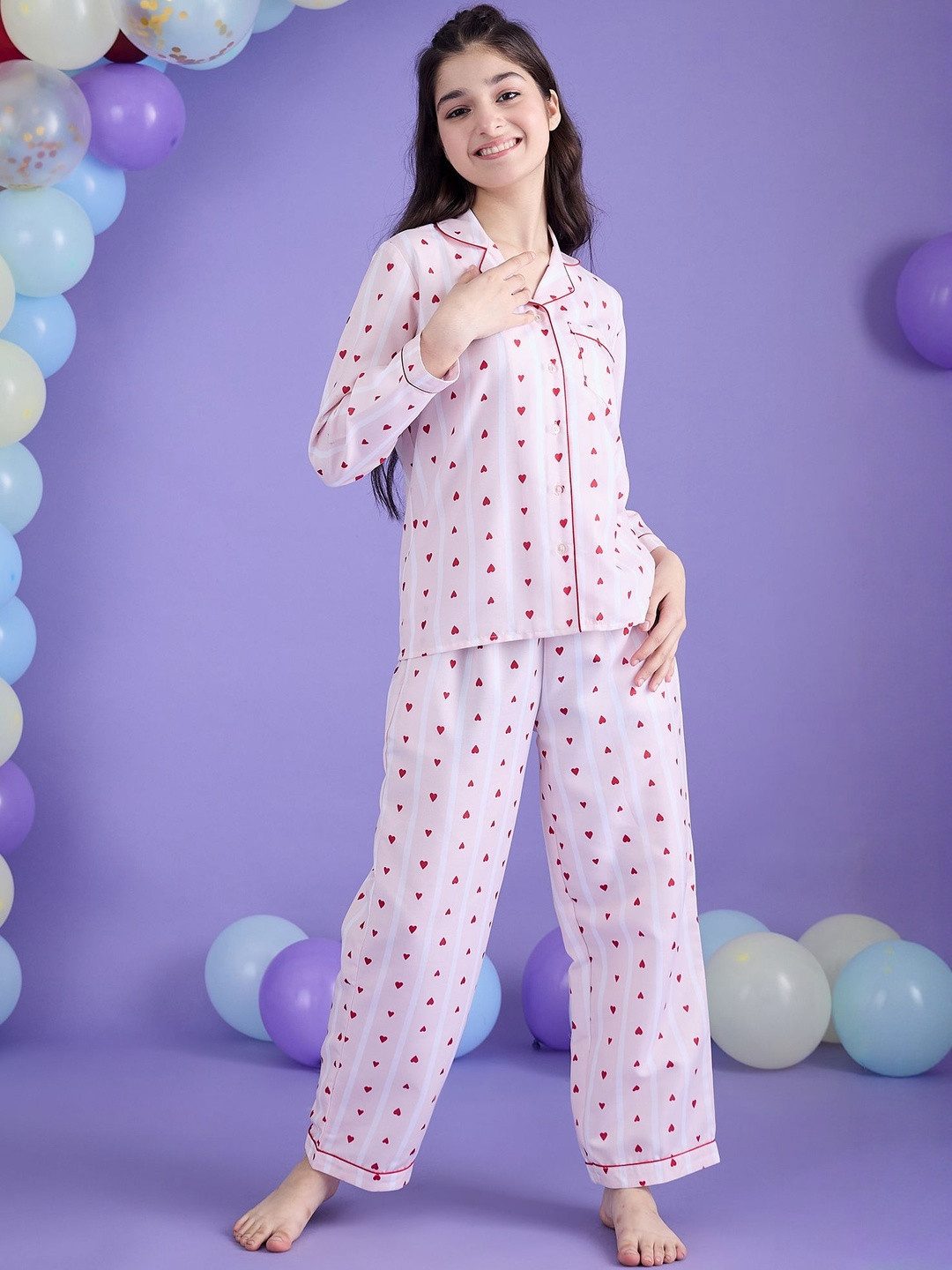 Cherry & Jerry Girls Printed Lapel Collar Night suit
