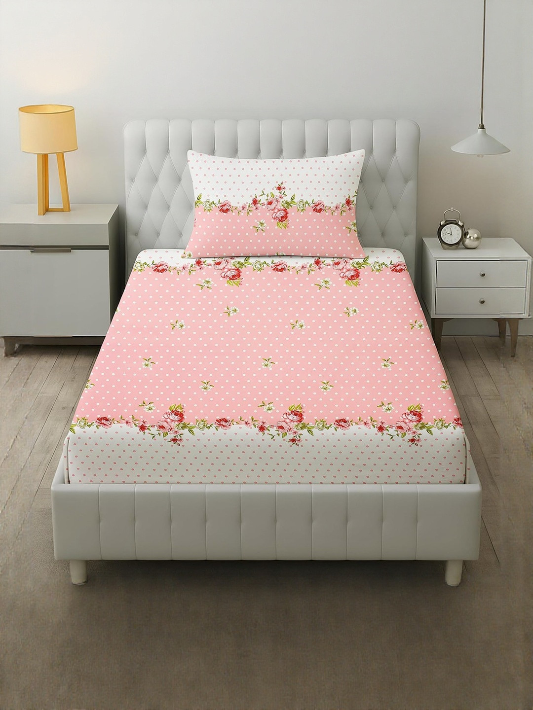 Filymore Pink Floral 300 TC Single Bedsheet with 1 Pillow Covers