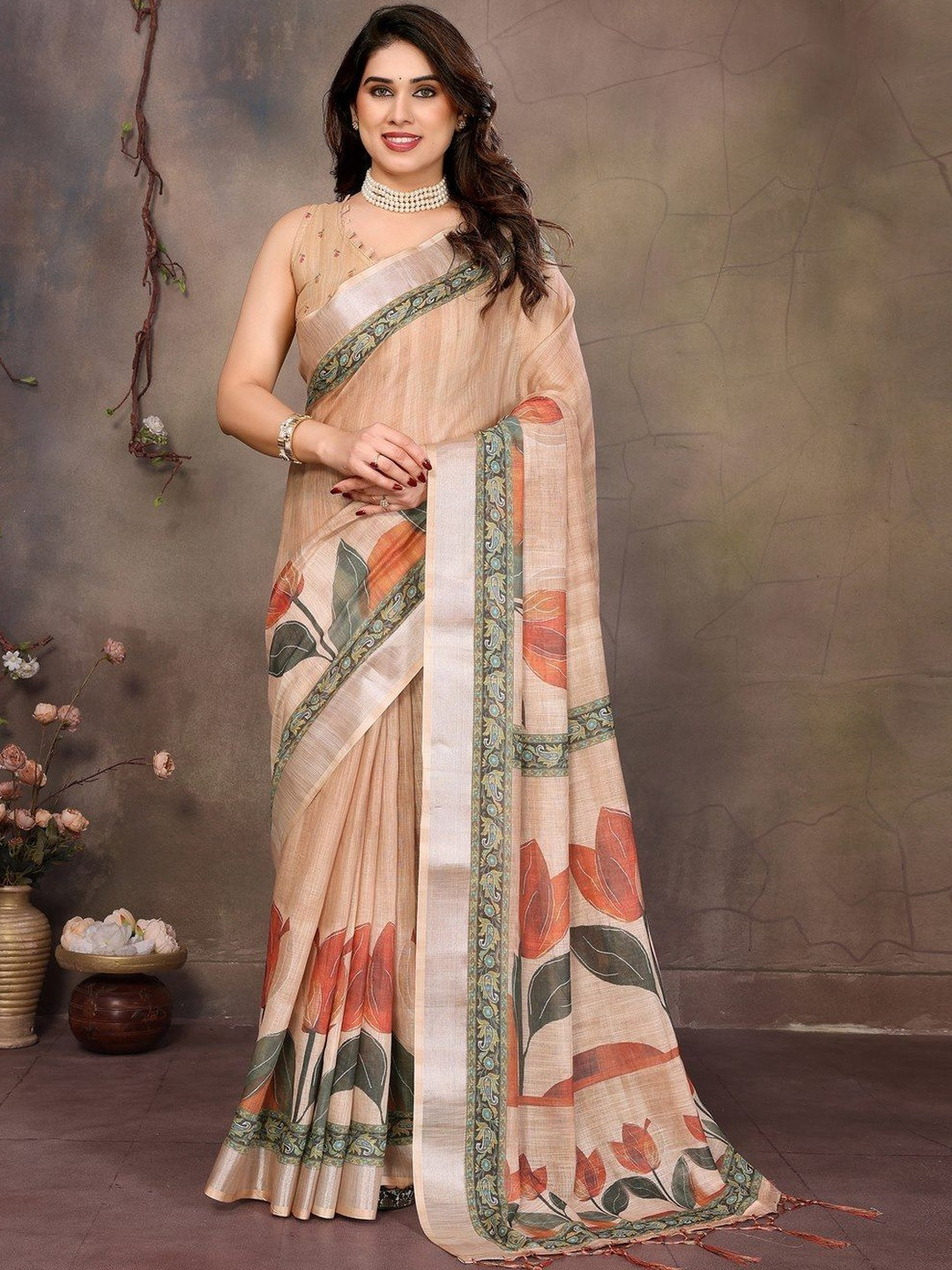 WOVENSTOCK Floral Zari Pure Linen Handloom Block Print Saree