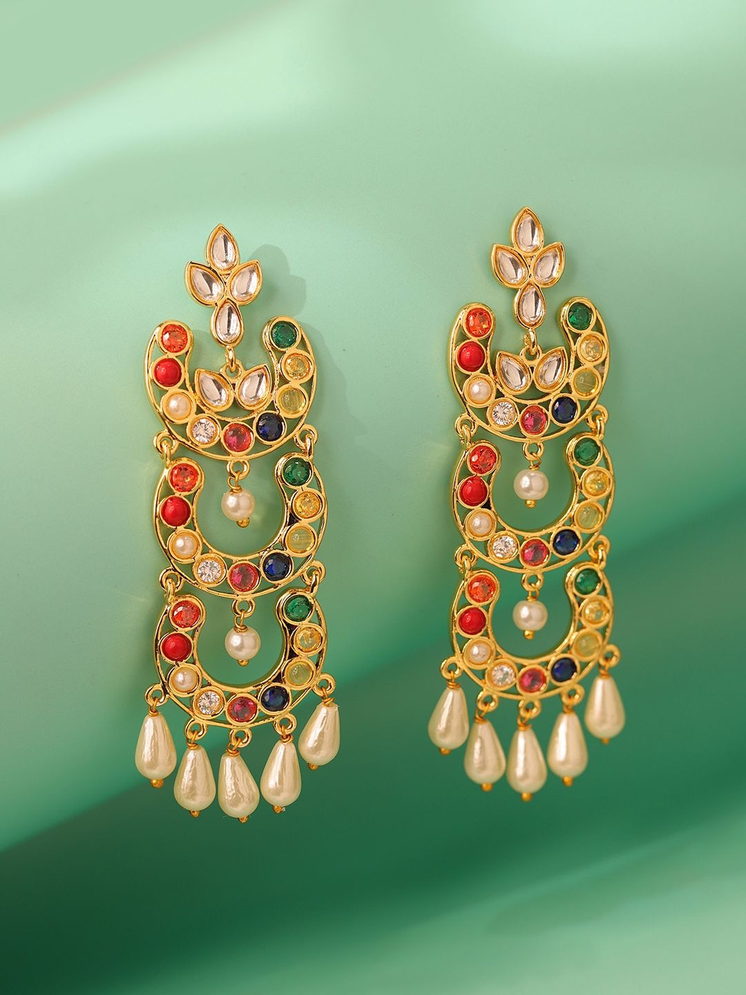 Voylla Navratna Moonlight Kundan Studded & Artificial Beaded Floral Shaped Drop Earrings