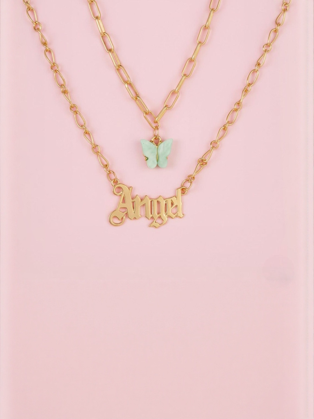DressBerry Gold-Plated Butterfly Shaped & Angel Word Layered Necklace