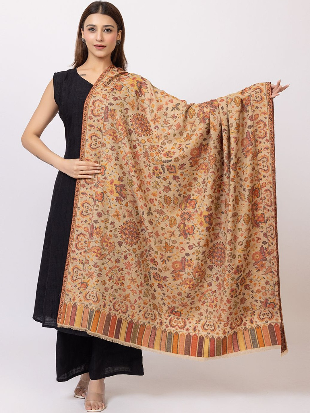 TILLAARI Floral Woven Design Fringed Shawl
